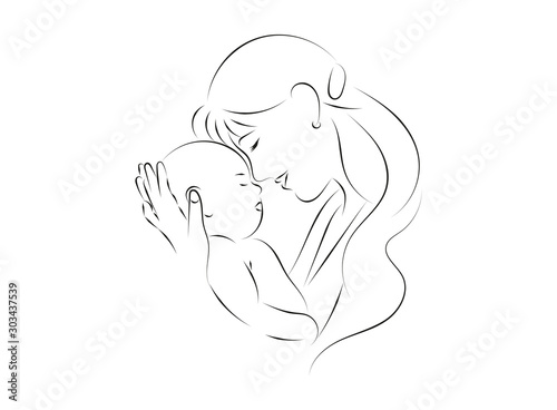 Mother and baby stylized vector symbol, mom hugs her child logo template