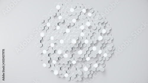 White geometric hexagonal abstract background. Surface hexagon pattern with glowing hexagons, hexagonal honeycomb.Abstract white self-luminous hexagons. Futuristic abstract background. 3D Illustration