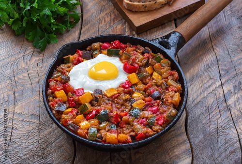Vegetable dish pisto manchego made of tomatoes, zucchini, bell peppers, onions and eggplant served in frying pan with egg.  Wooden background. Spanish cuisine. photo