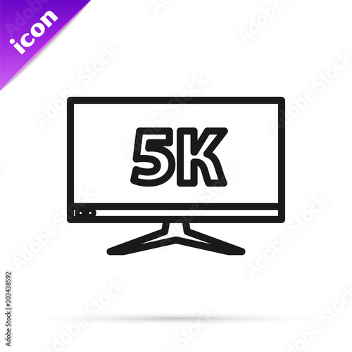 Black line Computer PC monitor display with 5k video technology icon isolated on white background. Vector Illustration