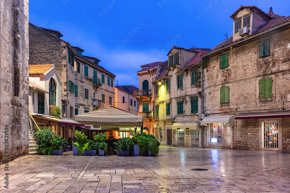 Panoramic view of night Fruit square in the Diocletian s Palace section of Medieval Old town of Split, Croatia