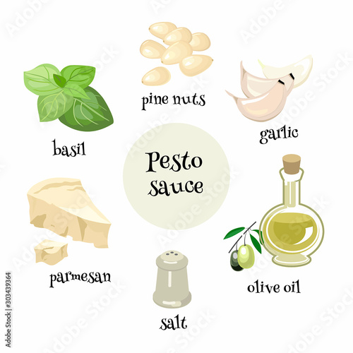 Italian Pesto sauce ingredients. Cartoon vector illustration