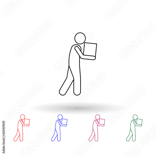 Man in hand carries a box multi color icon. Simple thin line, outline vector of carrying and picking a box icons for ui and ux, website or mobile application