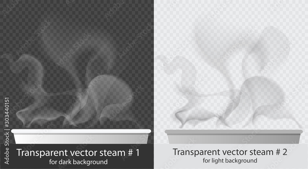 Vector set of transparent steam over cup collection on white and dark background - obrazy, fototapety, plakaty 