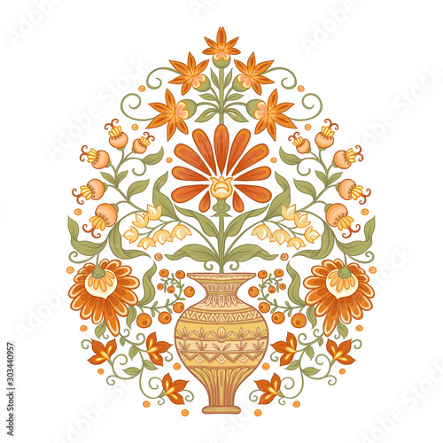 Tradition mughal motif, fantasy flowers in retro, vintage style. Element for design. Vector illustration. Isolated on white background..
