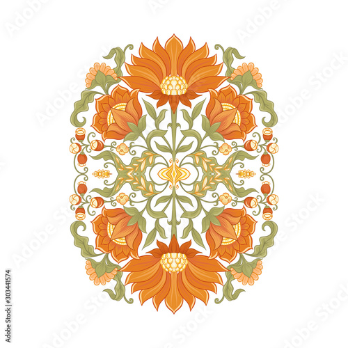 Tradition mughal motif, fantasy flowers in retro, vintage style. Element for design. Vector illustration. Isolated on white background..