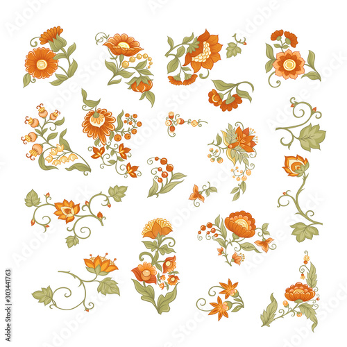 Tradition mughal motif, fantasy flowers in retro, vintage style. Element for design. Vector illustration. Isolated on white background..