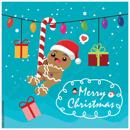 Vintage Christmas poster design with vector gingerbread man, Santa Claus, snowman characters.