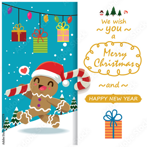 Vintage Christmas poster design with vector gingerbread man, Santa Claus, snowman characters.