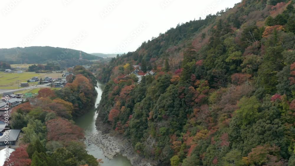 Aerial rise viewing Autumn colors on Shiga landscape, reveal shot of Egen-ji Temple 4k Aerial rise viewing Autumn colors on Shiga landscape, reveal shot of Egen-ji Temple 4k