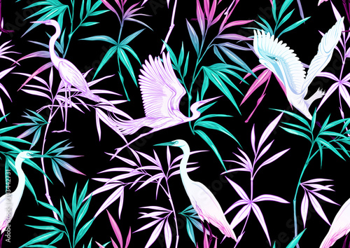 Tropical plants and flowers and birds. Seamless pattern, background. Colored and outline design. Vector illustration in neon, fluorescent colors. Isolated on black background..