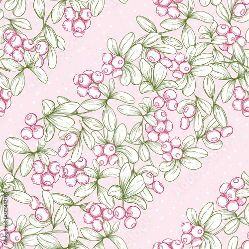 Cranberry and snow. Seamless pattern, background. Graphic drawing, engraving style. Vector illustration