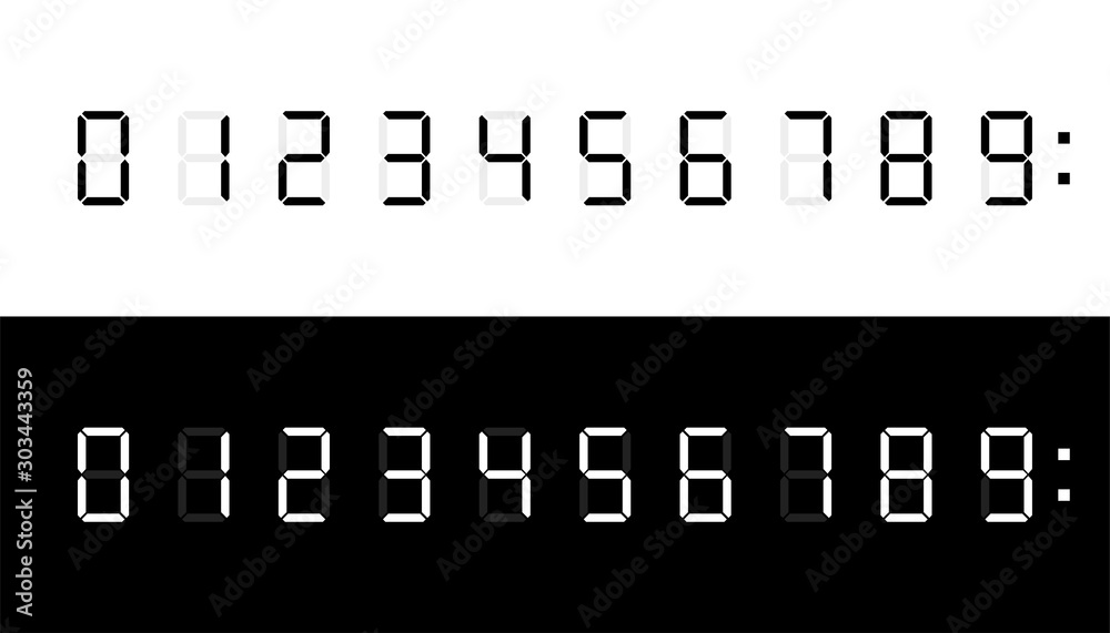 Digital numbers in flat style on black and white background. Digital numbers set. Digital technology background. Isolated vector sign symbol.