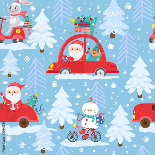  Seamless pattern with funny Christmas transport and personages. Santa Clause in car, rabbit on scooter, snowman on bicycle. Vector illustration