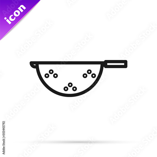 Black line Kitchen colander icon isolated on white background. Cooking utensil. Cutlery sign. Vector Illustration
