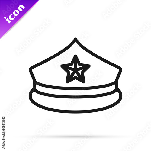 Black line Police cap with cockade icon isolated on white background. Police hat sign. Vector Illustration