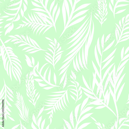 Foliage Vector seamless repeat pattern, white leaves and sprigs with fern green background 