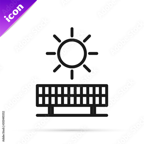 Black line Solar energy panel and sun icon isolated on white background. Vector Illustration