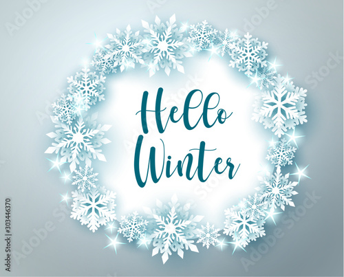 Winter greeting in circle frame vector banner template. Hello winter text with snowflakes and star elements and empty space for messages in white background. Vector illustration. 