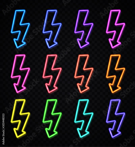 Electric power neon sign set on transparent background. Realistic color electricity symbol design. Light flash abstract thunderbolt for decoration. Lightning  thunder logo concept vector illustration.