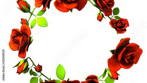 Red roses frame on white text space.3D render illustration.