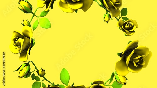 Yellow Roses Frame On yellow Text Space.3D render illustration.