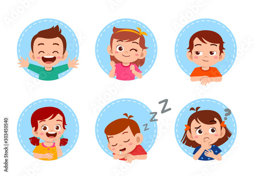 cute kid boy girl face expression set