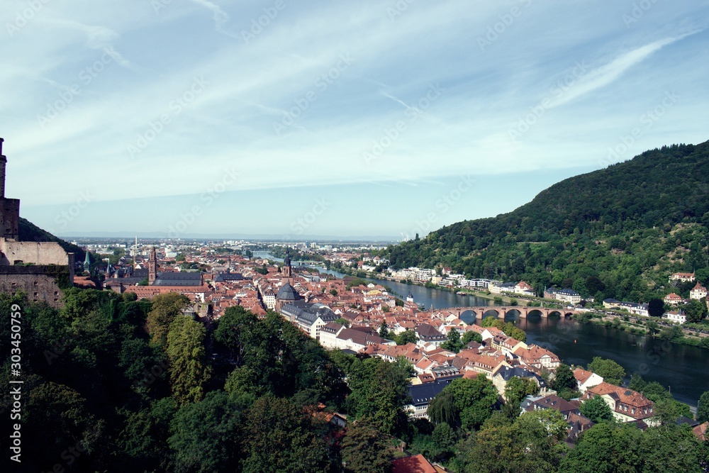 View of German City, Heidelberg, with river, old town, bridge, castle. 