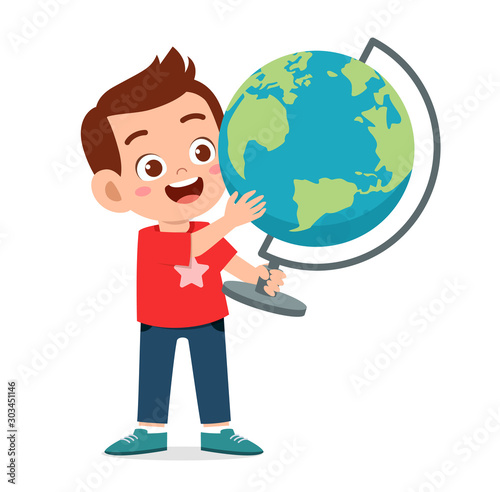 happy cute kid boy carry globe earth