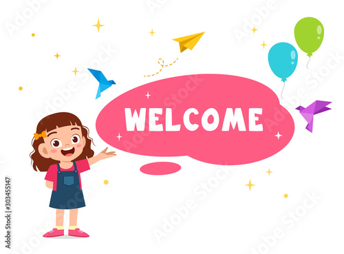 happy cute kid girl greeting card welcome