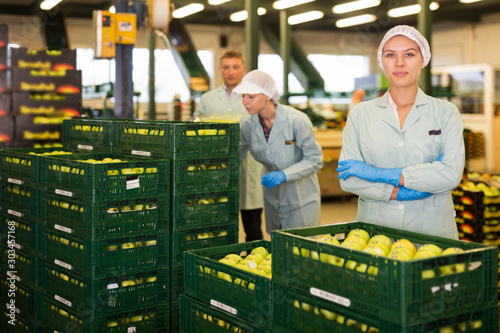 female worker standing near boxes of fresh ripe apples © JackF