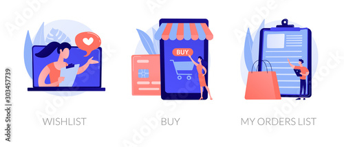 Internet store website interface. Purchases ordering, online payment. E-commerce cliparts set. Wishlist, buy, my orders list metaphors. Vector isolated concept metaphor illustrations