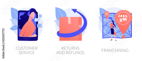 Internet shop clients support, call center. Orders shipment and delivery. Marketing network. Custom service, returns and refunds, franchising metaphors. Vector isolated concept metaphor illustrations