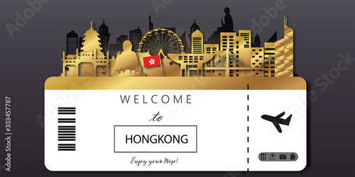 Hong Kong Travel postcard, poster, tour advertising of world famous landmarks in paper cut style. Vectors illustrations