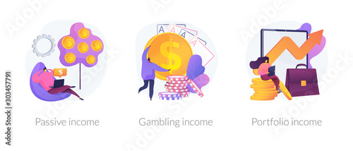 Money earning flat icons set. Business investment, profit increase, revenue growth. Passive income, gambling income, portfolio income metaphors. Vector isolated concept metaphor illustrations.