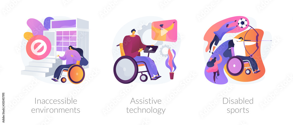 Handicapped people accessibility flat icons set. Disabled activity. Inaccessible environments, assistive technology, disabled sports metaphors. Vector isolated concept metaphor illustrations.