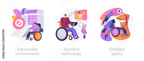 Handicapped people accessibility flat icons set. Disabled activity. Inaccessible environments, assistive technology, disabled sports metaphors. Vector isolated concept metaphor illustrations.
