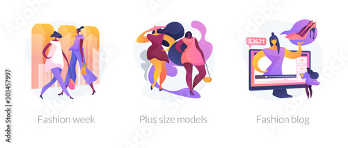 Women clothes design flat icons set. Beauty blogger, women apparel vlog, couture clothing. Fashion week, plus size models, fashion blog metaphors. Vector isolated concept metaphor illustrations.
