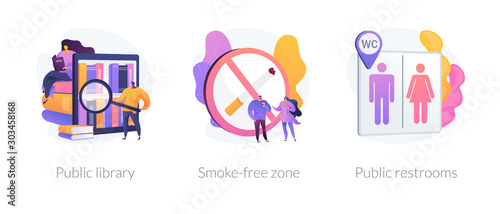 Urban places flat icons set. City recreation, people in bookstore. WC room sign. Public library, smoke-free zone, public restrooms metaphors. Vector isolated concept metaphor illustrations.