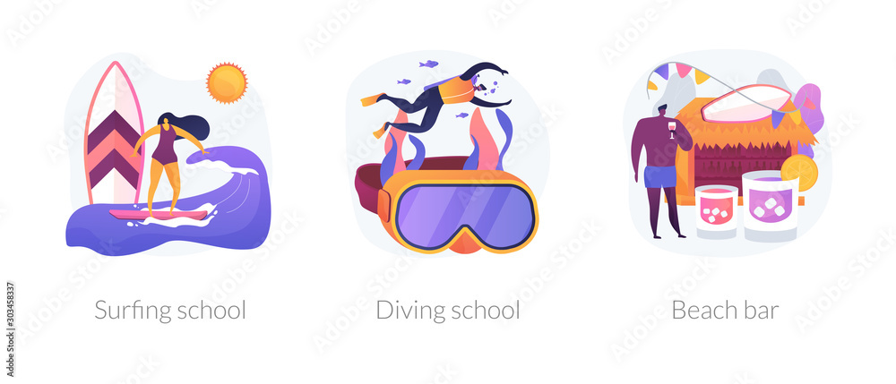 Sea resort recreation flat icons set. Underwater sport, extreme hobby, summertime leisure. Surfing school, diving school, beach bar metaphors. Vector isolated concept metaphor illustrations.