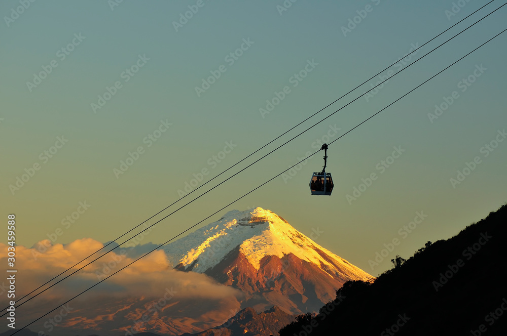 Naklejka premium Magnificent view of the Cotopaxi volcano from the cable car in Quito, Ecuador.