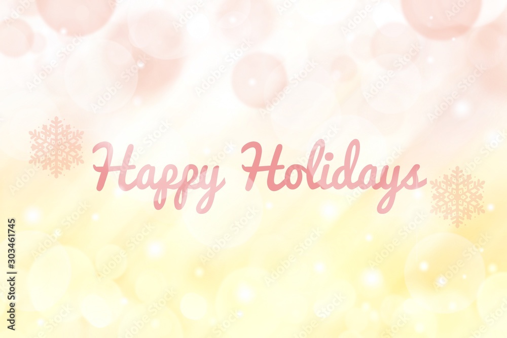 Happy holidays Christmas card concept. New Year lettering with snowflakes and yellow pink bokeh blurred on white background.