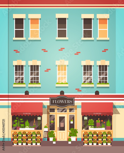 florist shop facade decorated with flowers street store exterior flat vertical vector illustration