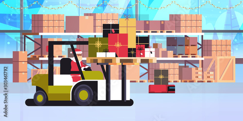 santa claus on forklift truck loading colorful gift present boxes delivery and shipping concept merry christmas happy new year winter holidays celebration horizontal warehouse interior flat vector