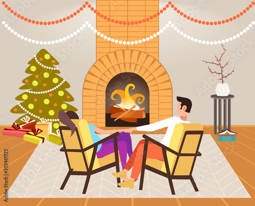 couple sitting near fireplace xmas new year holidays celebration concept man woman holding hands relaxing in christmas evening modern living room interior rear view vector illustration