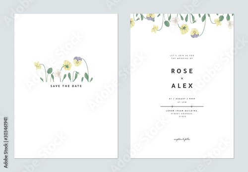 Minimalist floral wedding invitation card template design, colorful pansies with green leaves on white