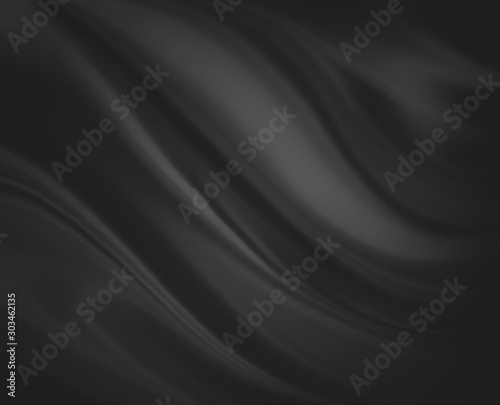 black background abstract cloth or liquid wave illustration. Wavy folds of silk texture satin or velvet material. Elegant curves of black shiny material.
