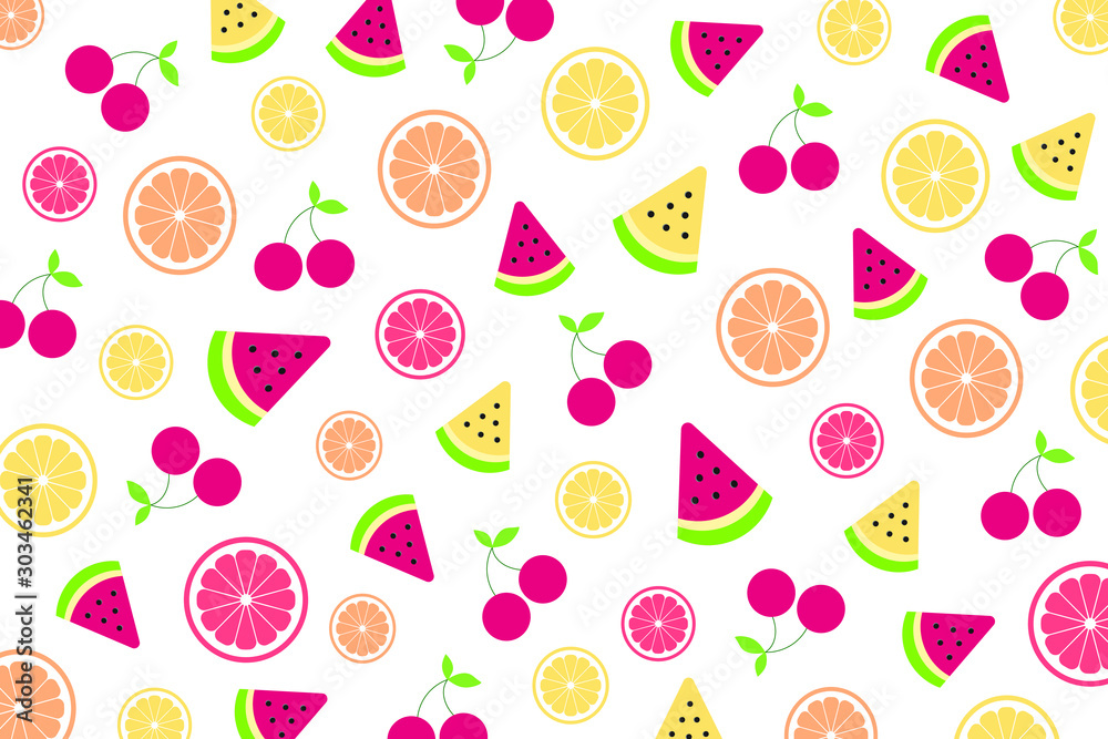 Seamless cute tropical mix fruits (Watermelon ,Cherry ,Orange ,Lemon ,Lime ,Grapefruit) pattern on white background design for backdrop ,wallpaper ,poster ,postcard and cover book.Summer concept. Seamless cute tropical mix fruits (Watermelon ,Cherry ,Orange ,Lemon ,Lime ,Grapefruit) pattern on white background design for backdrop ,wallpaper ,poster ,postcard and cover book.Summer concept.
