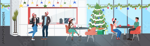 businesspoeple in santa hats having corporate party mix race business people discussing during meeting modern office kitchen dining room interior horizontal full length vector illustration