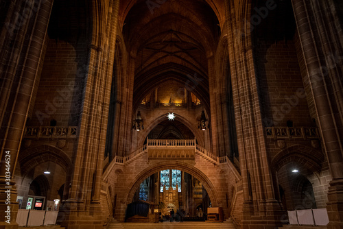 LIVERPOOL, ENGLAND, DECEMBER 27, 2018: Magnificent huge entrance hall of the Church of England Anglican Cathedral of the Diocese of Liverpool.